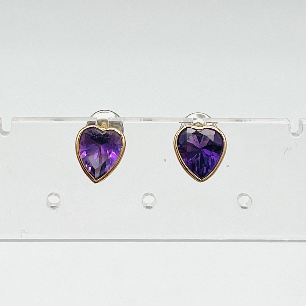 14k Gold Purple Amethyst Heart Stud Earrings Bezel Set Signed LJ